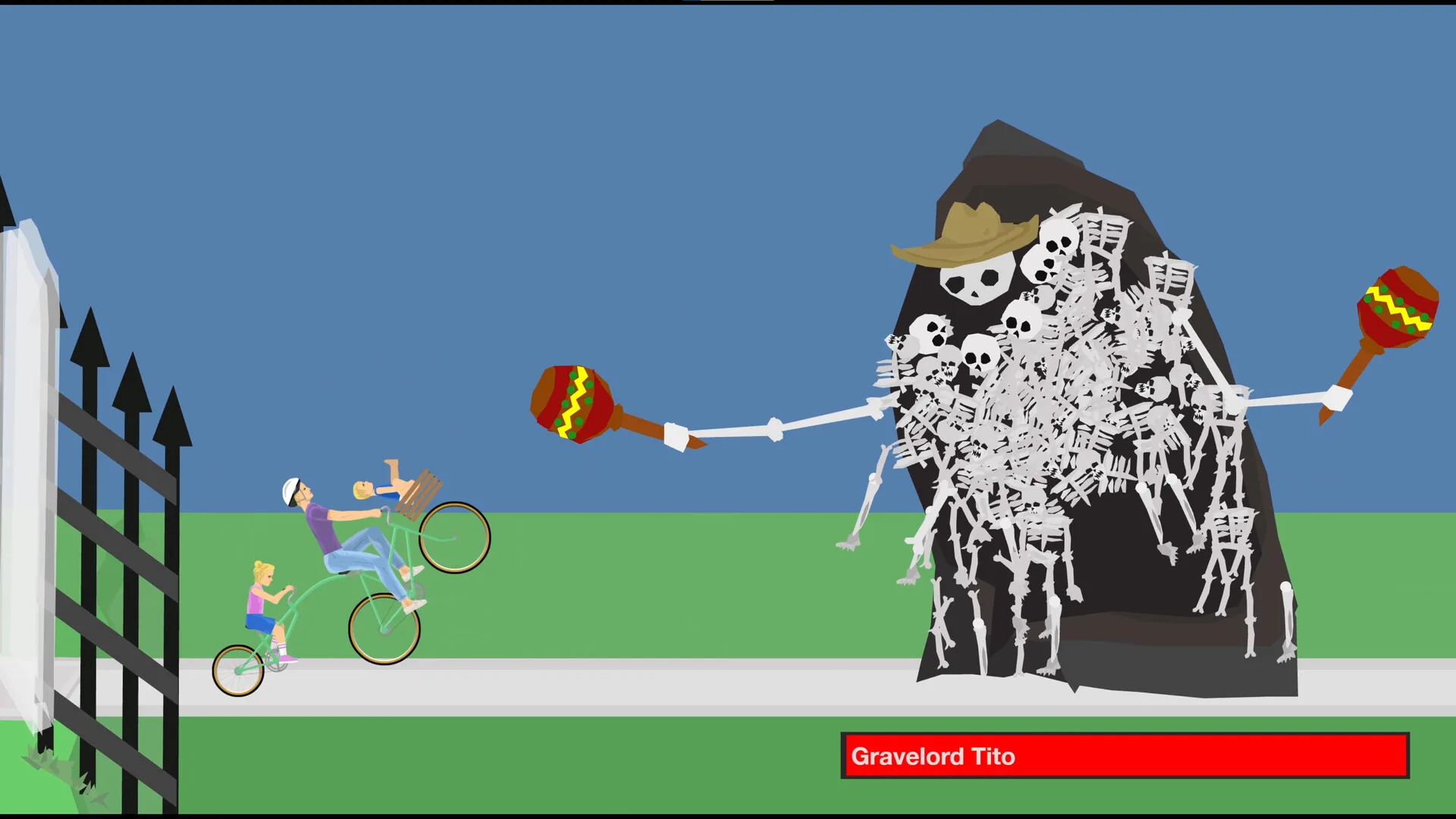 Official Happy Wheels screenshot of a boss encounter with a named health bar on screen
