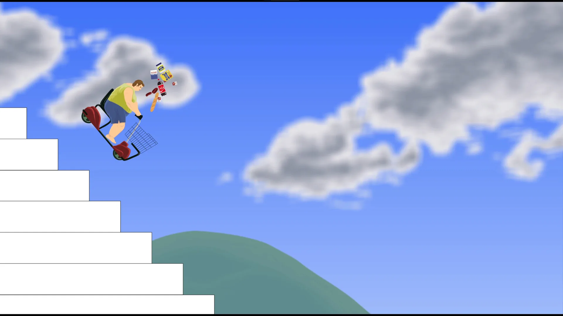 Official Happy Wheels screenshot showing a character on a motorised shopping cart descending steps