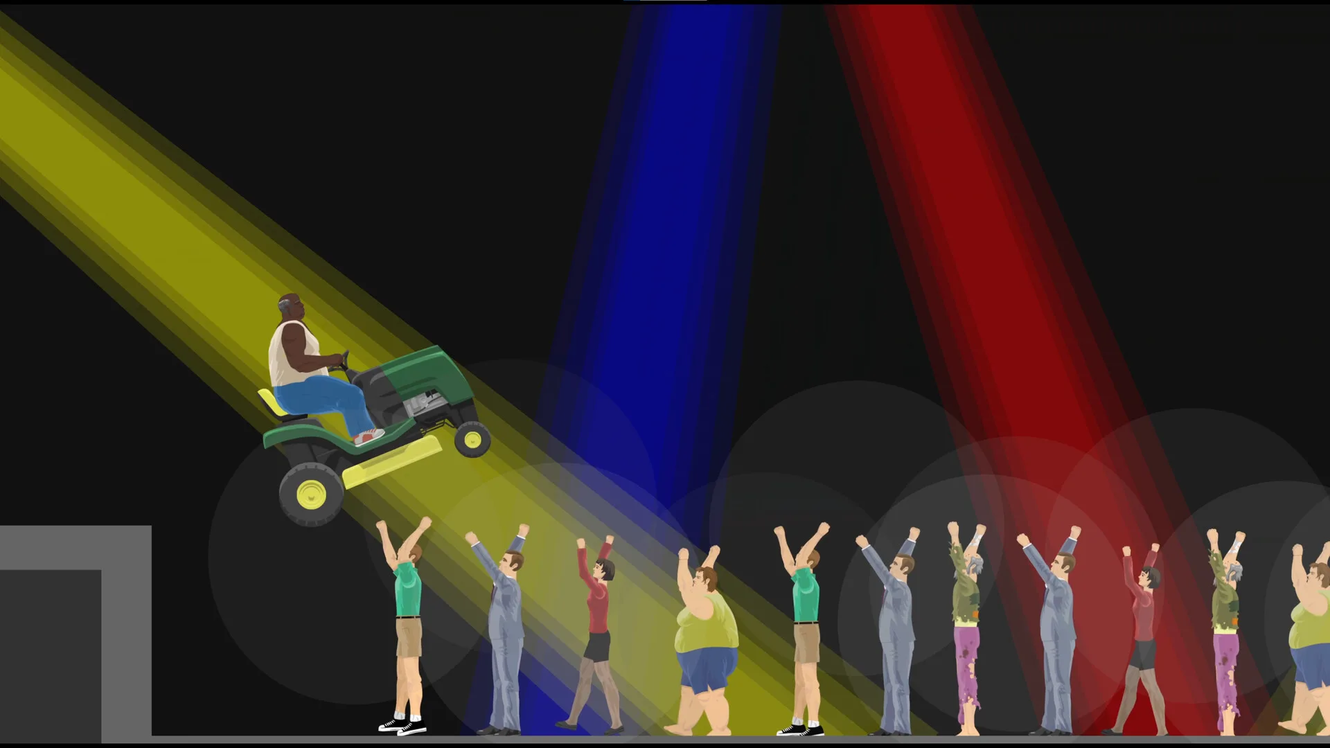 Official Happy Wheels screenshot showing Lawnmower Man driving a ride-on mower through an elaborate level