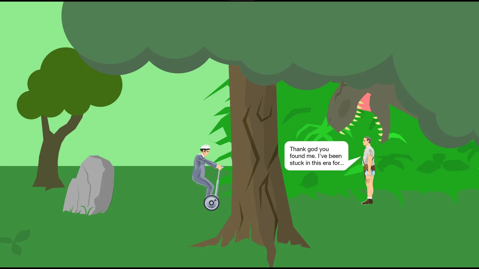 Official Happy Wheels screenshot of a character on a Segway in a forest level