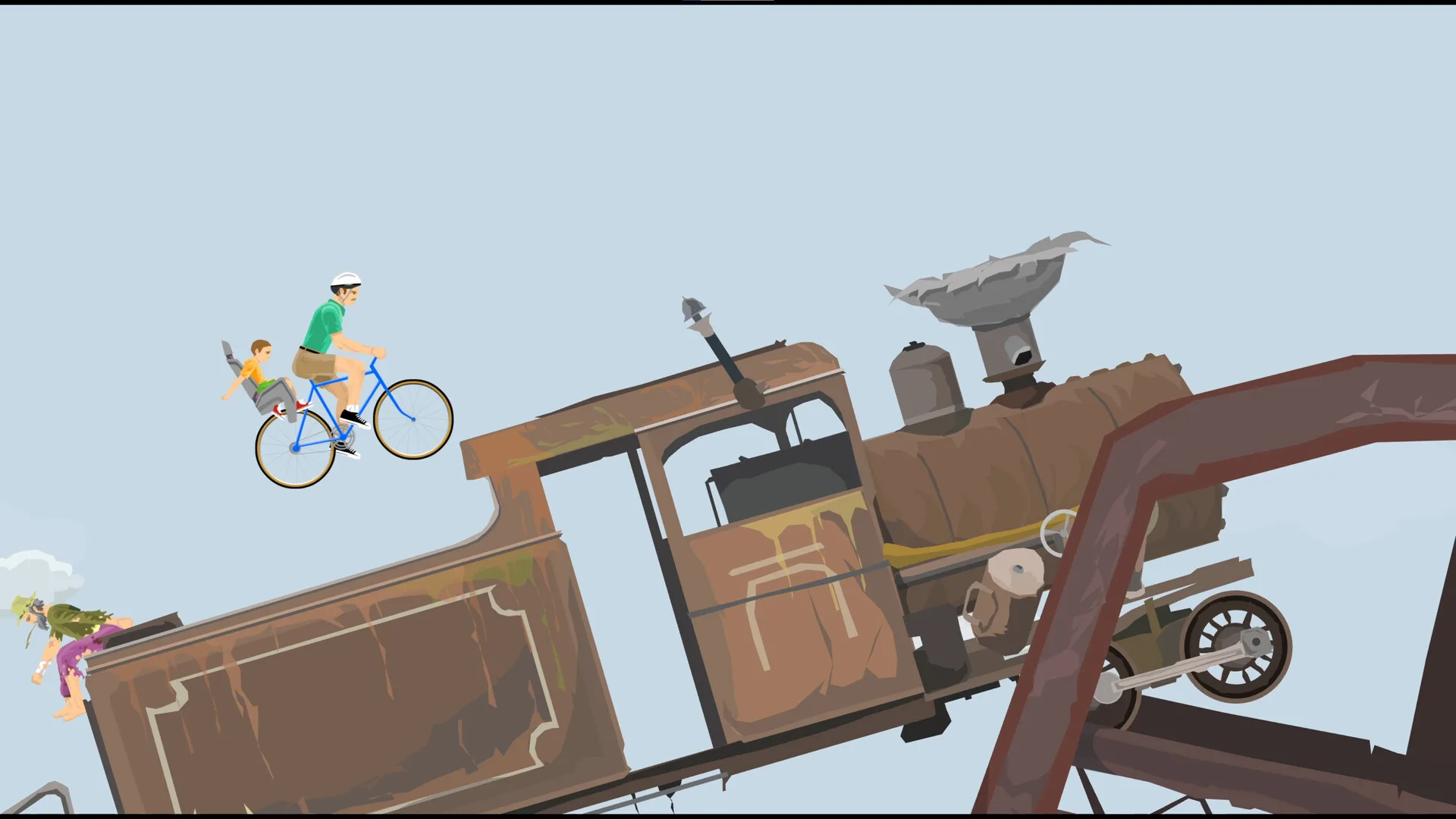 Official Happy Wheels screenshot showing a rider and child on a bicycle jumping towards a moving train