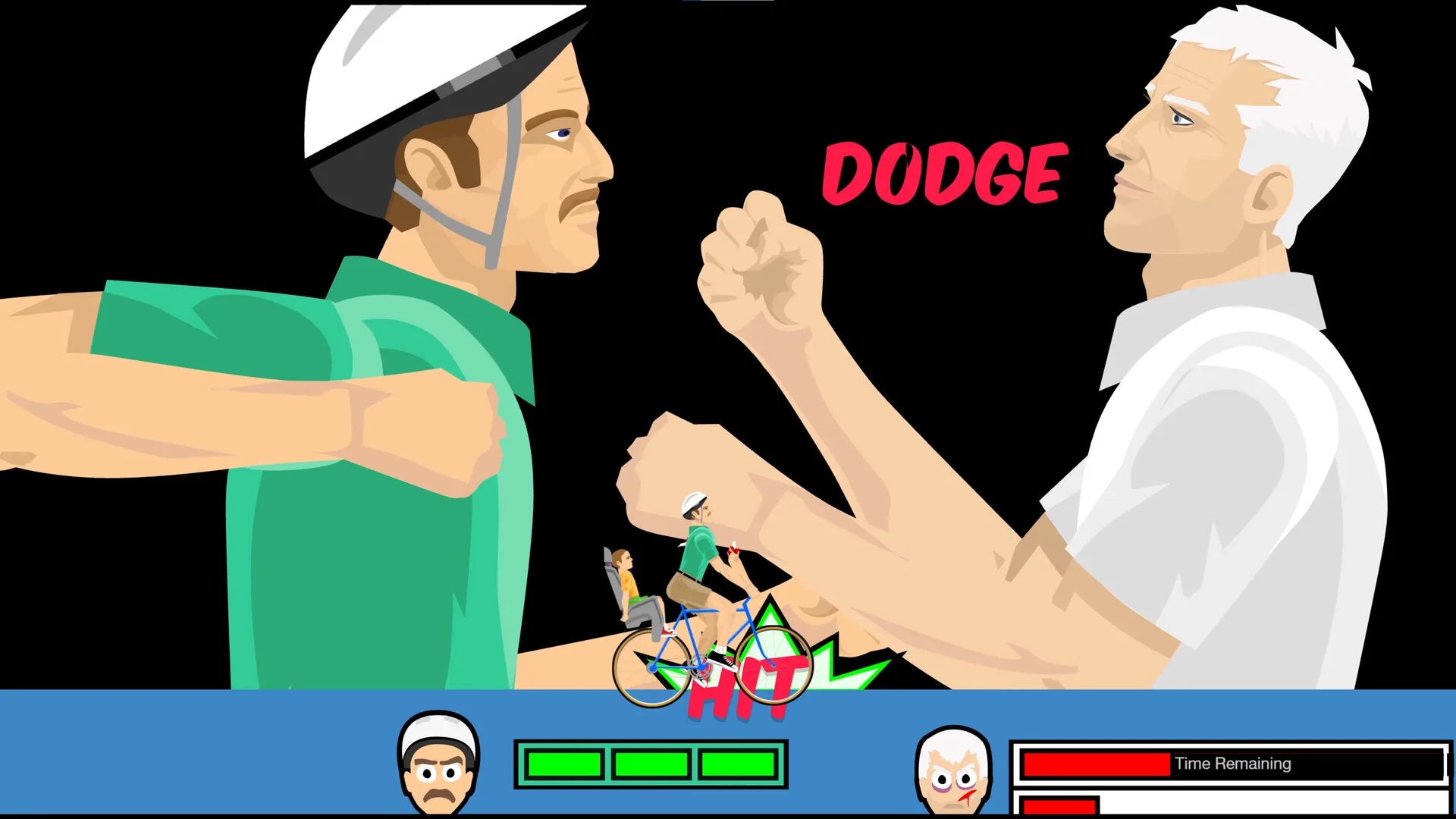Official Happy Wheels screenshot of an elaborate level scene with on-screen action prompts