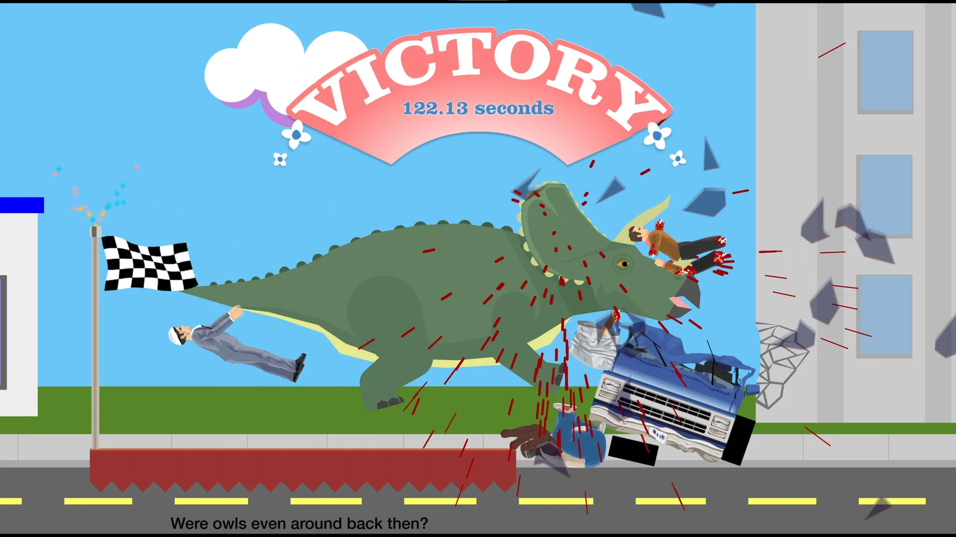 Official Happy Wheels screenshot of the victory screen after reaching the finish line
